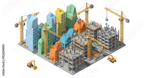 Isometric City Construction Site Buildings Cranes.