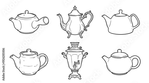teapots , 6 black delicate line drawings vector set collection , white background , PNG and SVG	