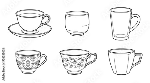 tea cups , 6 black delicate line drawings vector set collection , white background , PNG and SVG	
