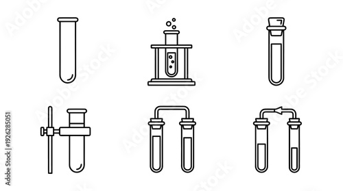 test tubes , 6 black delicate line drawings vector set collection , white background , PNG and SVG	
