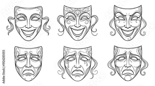 theater masks , 6 black delicate line drawings vector set collection , white background , PNG and SVG	