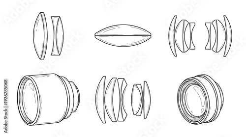 telescope lens , 6 black delicate line drawings vector set collection , white background , PNG and SVG	