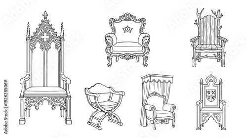 throne chairs , 6 black delicate line drawings vector set collection , white background , PNG and SVG	