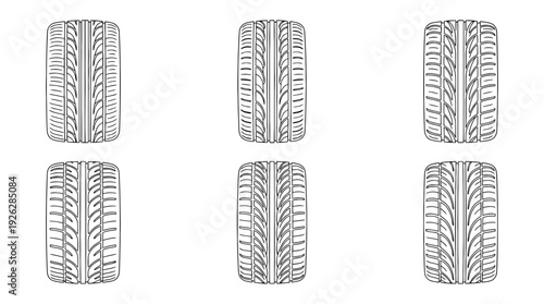 tire treads , 6 black delicate line drawings vector set collection , white background , PNG and SVG	