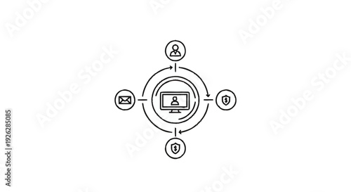 Centralized computer system with connected user and data flow icons.