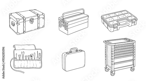 toolboxes , 6 black delicate line drawings vector set collection , white background , PNG and SVG	