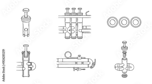 trumpet valves , 6 black delicate line drawings vector set collection , white background , PNG and SVG	