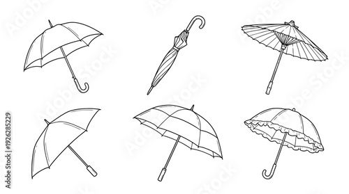 umbrellas , 6 black delicate line drawings vector set collection , white background , PNG and SVG	