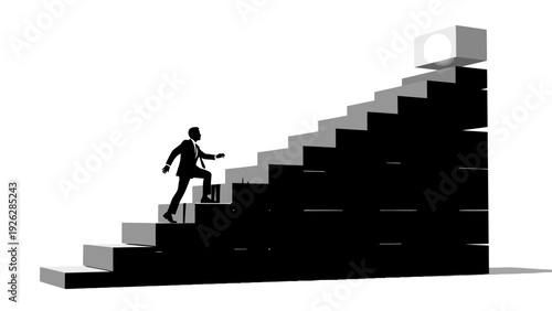 A silhouette of a businessman climbing a staircase made of blocks in a minimalist white background with a sense of upward momentum and progress.