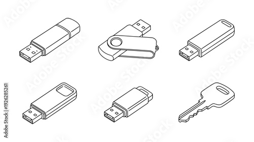 usb drives , 6 black delicate line drawings vector set collection , white background , PNG and SVG	