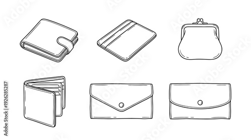 wallets , 6 black delicate line drawings vector set collection , white background , PNG and SVG	