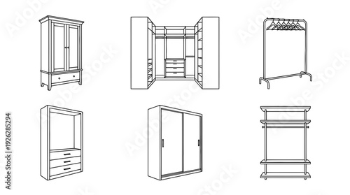 wardrobe designs , 6 black delicate line drawings vector set collection , white background , PNG and SVG	