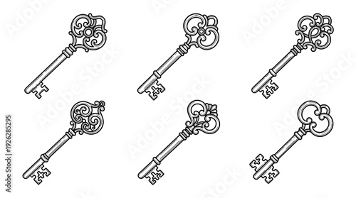 vintage keys , 6 black delicate line drawings vector set collection , white background , PNG and SVG	