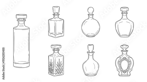 whiskey decanters , 6 black delicate line drawings vector set collection , white background , PNG and SVG	