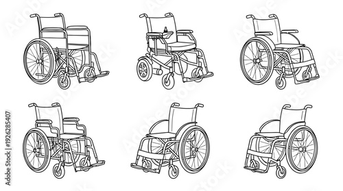 wheelchairs , 6 black delicate line drawings vector set collection , white background , PNG and SVG	
