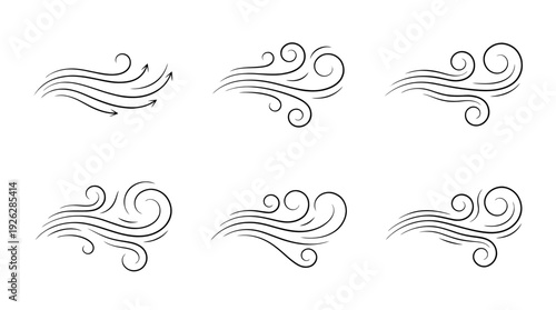 wind gusts , 6 black delicate line drawings vector set collection , white background , PNG and SVG	