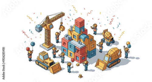 Isometric Construction Site with Building Blocks.