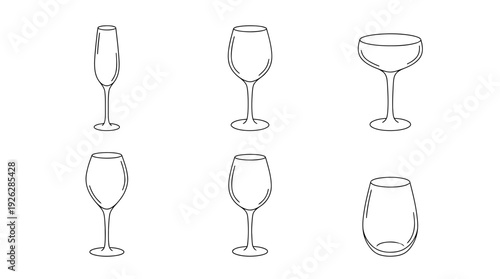wine glasses , 6 black delicate line drawings vector set collection , white background , PNG and SVG	
