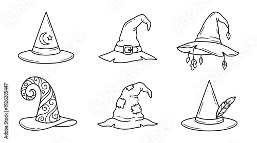 wizard hats , 6 black delicate line drawings vector set collection , white background , PNG and SVG	