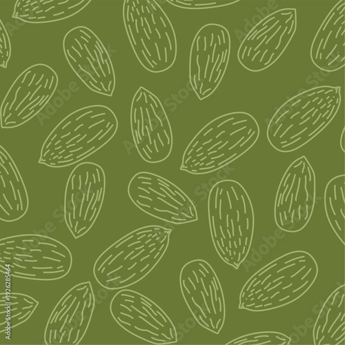 Hand Drawn Almond Nuts Seamless Pattern. Outline Doodle Food Illustration Ideal for textile printing, packaging design, wrapping paper, kitchen decoration