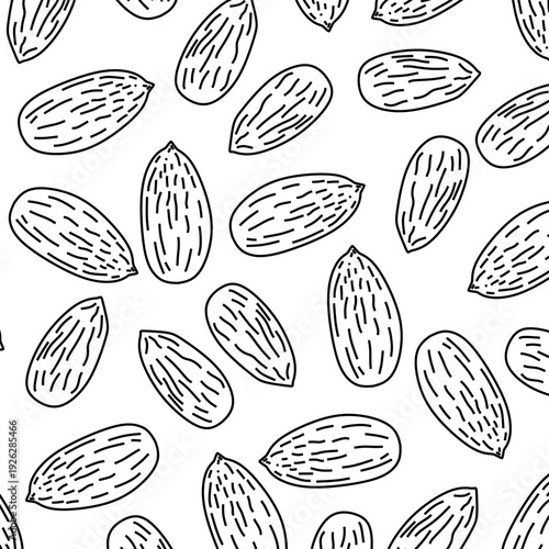Hand Drawn Almond Seamless Pattern. Minimal Line Art Food Texture Background. This organic food texture is perfect for wallpaper, digital paper, textile printing, packaging design