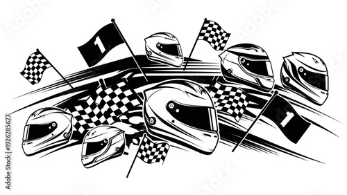 Black and white illustration of racing helmets with checkered flags on a white background in a dynamic composition.