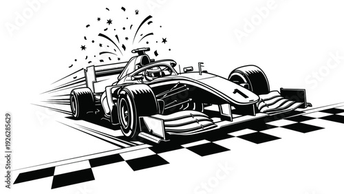 Black and white illustration of a race car speeding over a checkered finish line with celebratory sparks.