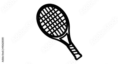 Black and white tennis racket illustration against a white background