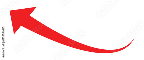 Arrowhead vector icons. Bright red curved arrow pointing upward symbolizing growth progress and success. Simple red arrow with a smooth curve, indicating forward movement on a white background.