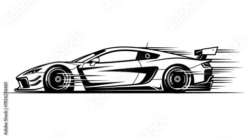 Black and white illustration of a sleek sports car in motion against a clean white background with motion lines.