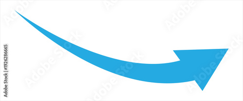 Bright blue downward curved arrow indicating loss and regress.  Blue curved arrow points right. Blue curve arrow icon on transparent background. 