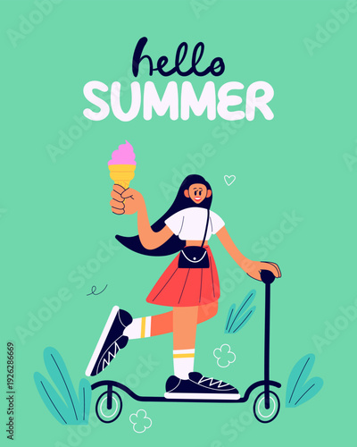 Hello summer greeting card with smiling girl riding a kick scooter and holding ice cream. Flat vector style on green background with lettering. Perfect for seasonal design, greeting cards, social medi
