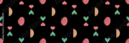 Картината върху платно Red onion with green leaf and circle pink onion and garlic on dark background doodle seamless pattern
