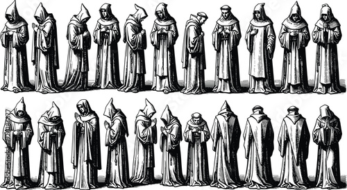 Black and white vector illustration set of twenty medieval monks in hooded robes praying and standing for religious history church branding and spiritual advertising