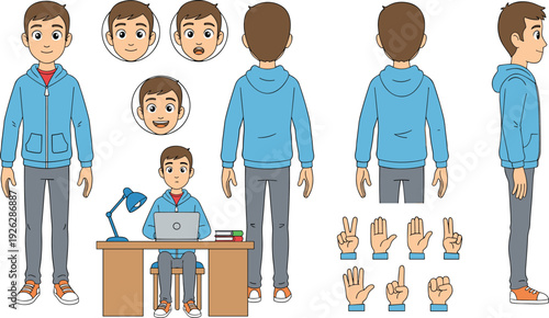 een Boy Character Design Sheet with Front Back Side Views and Hand Gestures
