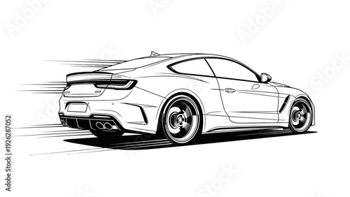 Rear three-quarter view of a sleek, two-door sports car in a dynamic illustration with motion lines, set against a clean white background.
