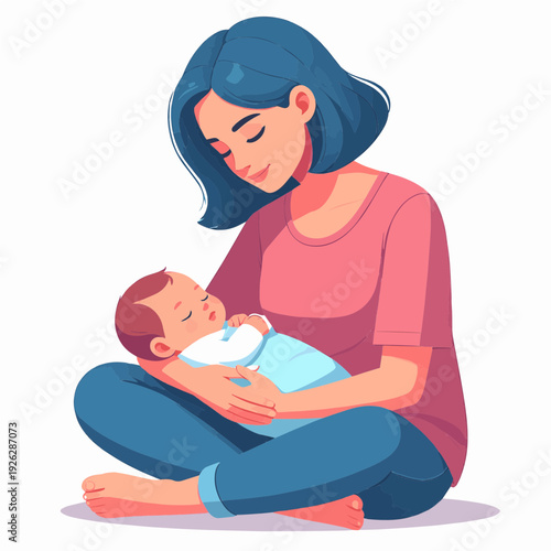 A loving mother with blue hair gently cradles her sleeping newborn baby, sitting cross-legged on the floor in a heartwarming illustration.