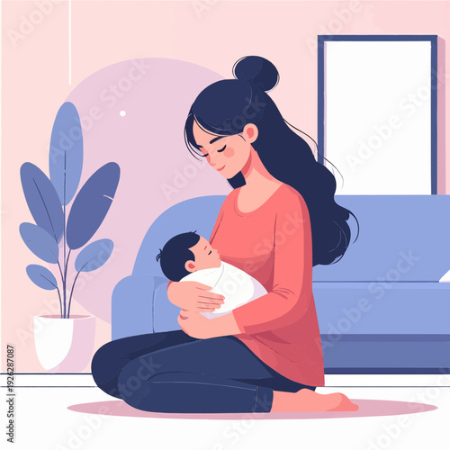 A loving mother gently cradles her newborn baby in a peaceful home setting, illustrating a tender moment of maternal bond.