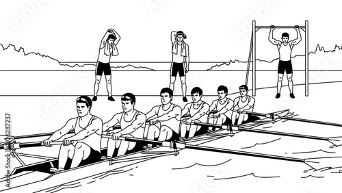 Black and white illustration of a rowing team in action on a lake with a coxswain steering and crew members rowing in unison.