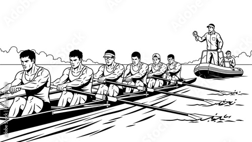 Illustration of a rowing team in a boat with a coxswain on a separate boat guiding them across calm waters in a black and white line drawing style.