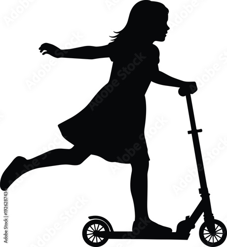 Silhouette of girl riding kick scooter, active child playing outdoors isolated on white background, childhood fun and mobility concept