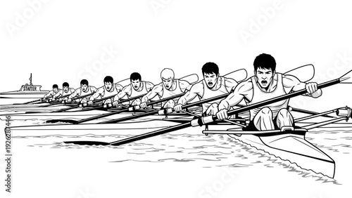 Black and white illustration of a rowing team in unison, rowing on water with a city skyline in the background, conveying a sense of teamwork.