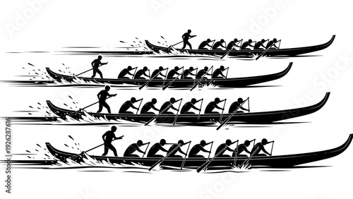 A series of black silhouettes depicting a person running with a canoe paddle on water in a motion sequence.