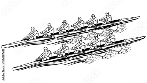 Black and white illustration of two rowing teams racing in unison on water with a minimalist style and dynamic motion.