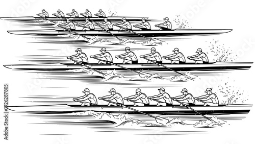 Illustration of multiple rowing teams in various stages of motion on water with dynamic splashes and ripples in a grayscale style.