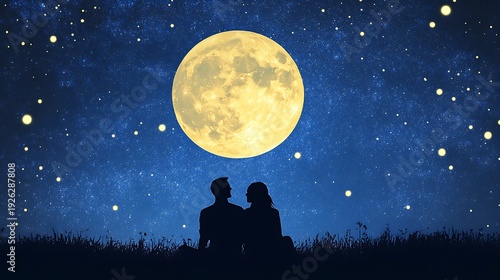 Silhouette of couple sitting on grass gazing upwards at massive bright full moon shining brightly in a deep blue starry night sky above horizon.