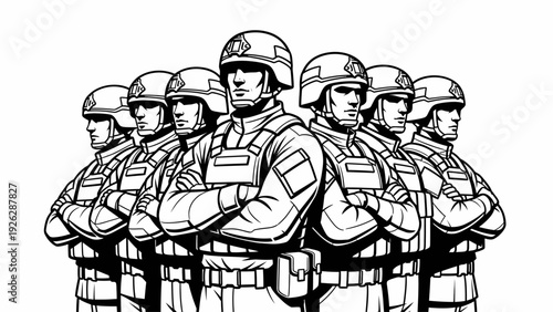 A group of soldiers standing in formation with helmets and body armor on a white background in a line drawing style.