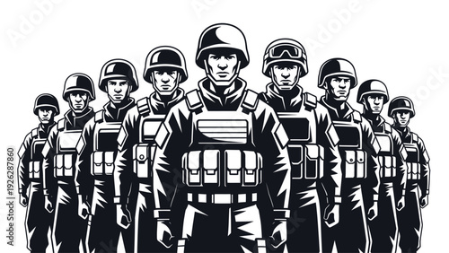 A group of soldiers in helmets and body armor standing in formation against a white background in a black and white illustration.