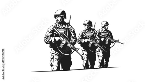 Black and white illustration of three soldiers standing in a row, wearing helmets and holding rifles with a plain white background.