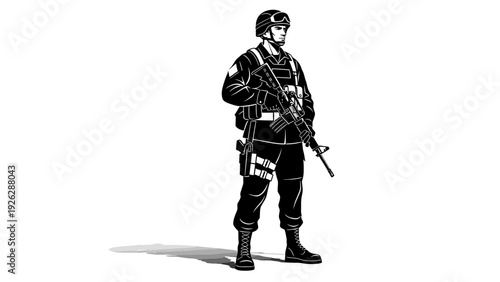 A soldier in military gear stands with a rifle against a plain white background with a shadow underneath.